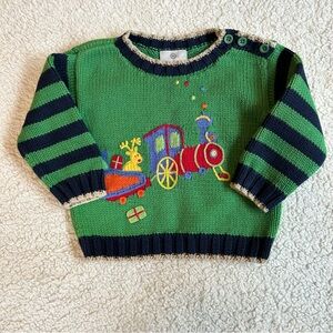Hanna Andersson Green Knit Christmas Sweater Reindeer Train Kids size 80, 2 yrs